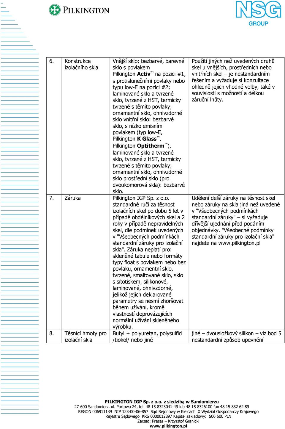laminované sklo a tvrzené sklo, tvrzené z HST, termicky tvrzené s těmito povlaky; ornamentní sklo, ohnivzdorné sklo prostřední sklo (pro dvoukomorová skla): bezbarvé sklo. 7. Záruka Pilkington IGP Sp.