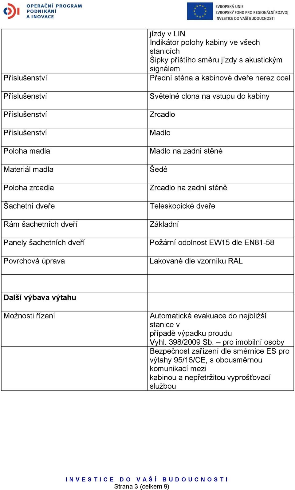 Zrcadlo na zadní stěně Teleskopické dveře Základní Požární odolnost EW15 dle EN81-58 Lakované dle vzorníku RAL Další výbava výtahu Možnosti řízení Automatická evakuace do nejbližší stanice v případě