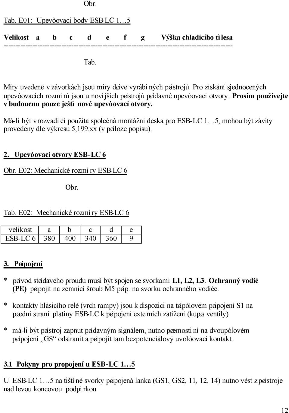 Prosím používejte v budoucnu pouze ještì nové upevòovací otvory. Má-li být v rozvadìèi použita spoleèná montážní deska pro ESB-LC 1 5, mohou být závity provedeny dle výkresu 5,199.