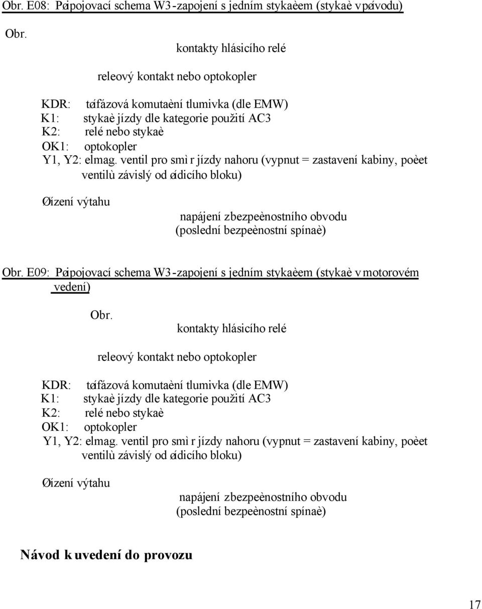 ventil pro smìr jízdy nahoru (vypnut = zastavení kabiny, poèet ventilù závislý od øídicího bloku) Øízení výtahu napájení z bezpeènostního obvodu (poslední bezpeènostní spínaè) E09: Pøipojovací schema