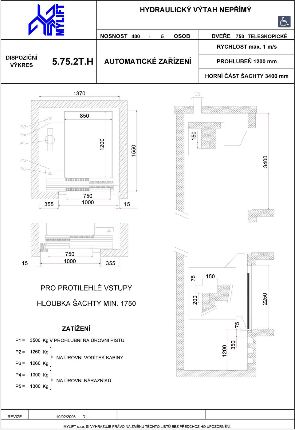 H PROHLUBEŇ 1 mm HORNÍ ČÁST ŠACHTY 3400 mm 1370 850 3400 1 1550 355 0 1000 15 15 0