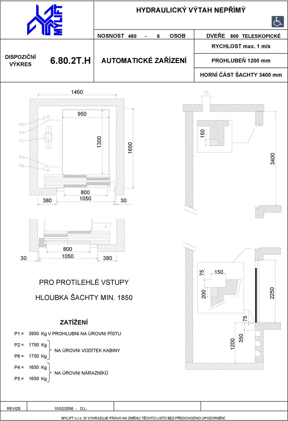 H PROHLUBEŇ 1 mm HORNÍ ČÁST ŠACHTY 3400 mm 1460 950 3400 1300 1650 380 1050 30 30