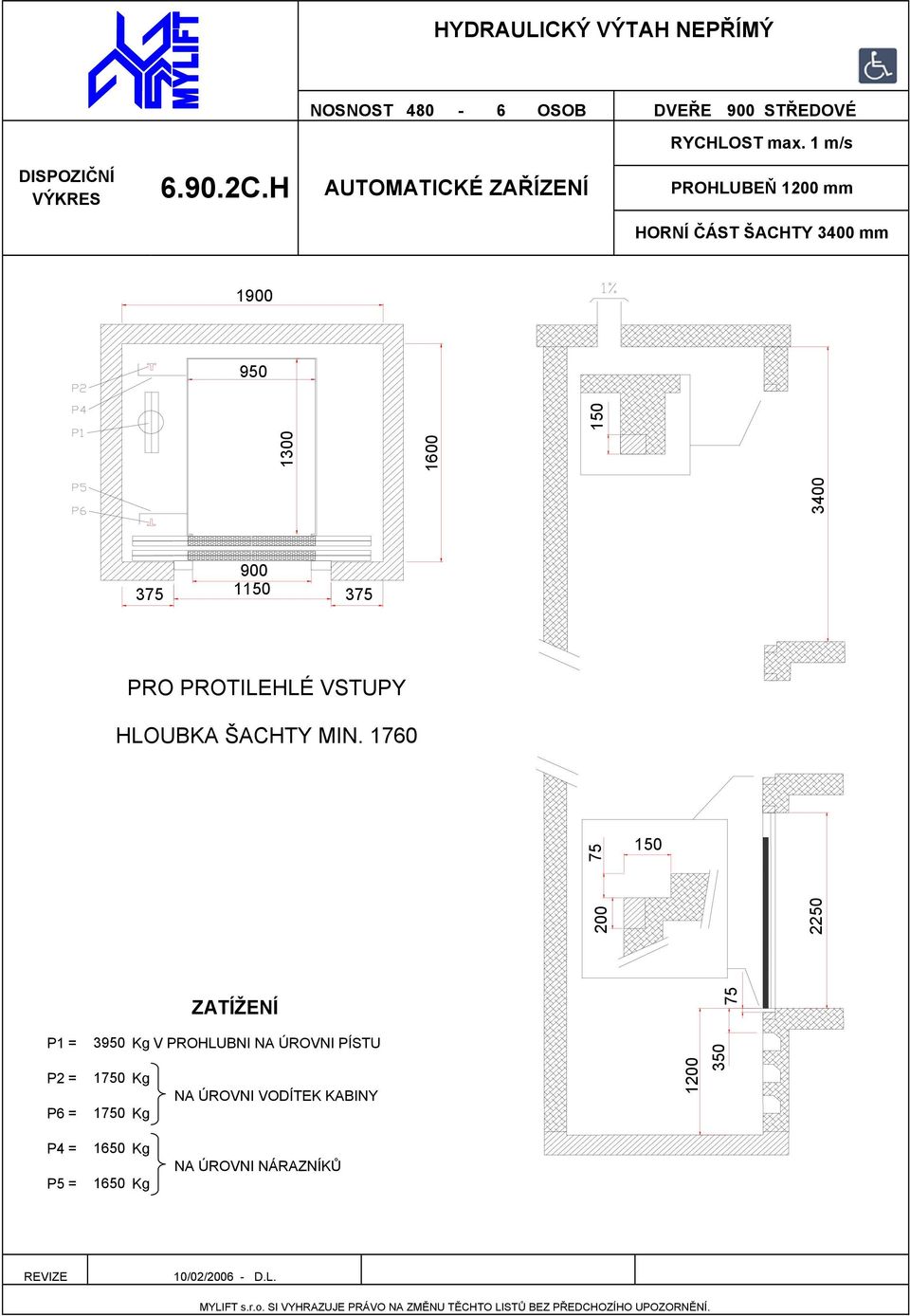 H PROHLUBEŇ 1 mm HORNÍ ČÁST ŠACHTY 3400 mm 1900 950 HLOUBKA ŠACHTY MIN.