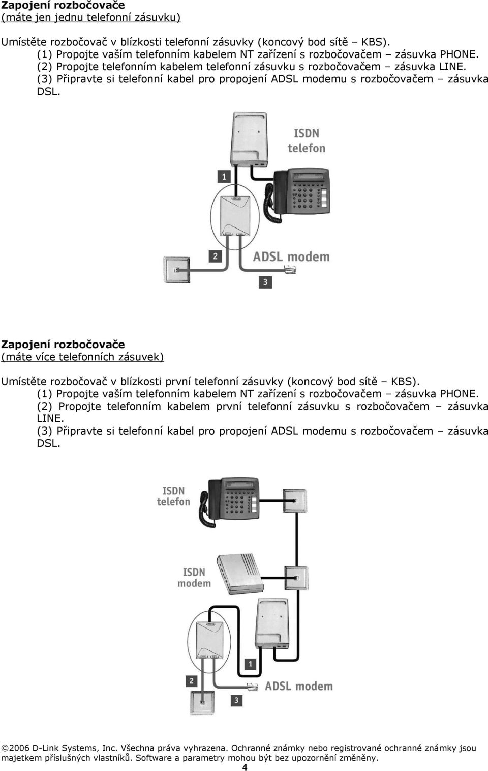 (3) Připravte si telefonní kabel pro propojení ADSL modemu s rozbočovačem zásuvka DSL.