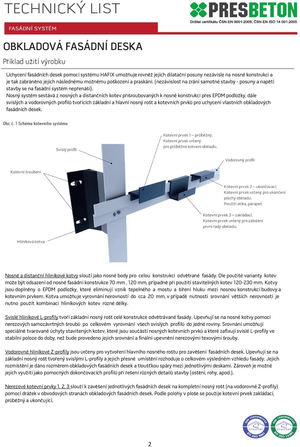 Nosný systém sestává z nosných a distančních kotev přišroubovaných k nosné konstrukci přes EPDM podložky, dále svislých a vodorovných profilů tvořících základní a hlavní nosný rošt a kotevních prvků