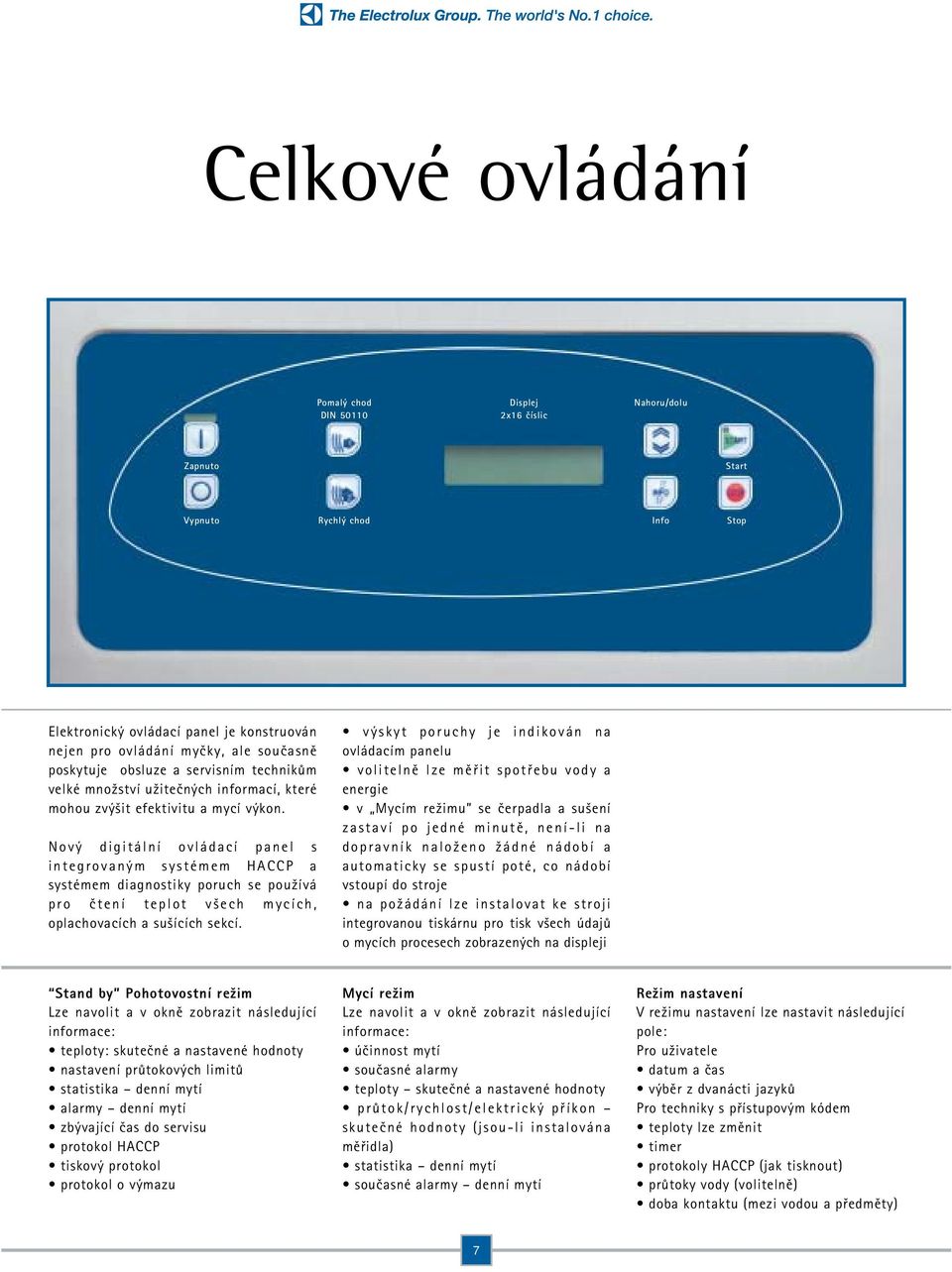 Nov digitální ovládací panel s integrovan m systémem HACCP a systémem diagnostiky poruch se pouωívá pro tení teplot vßech mycích, oplachovacích a sußících sekcí.