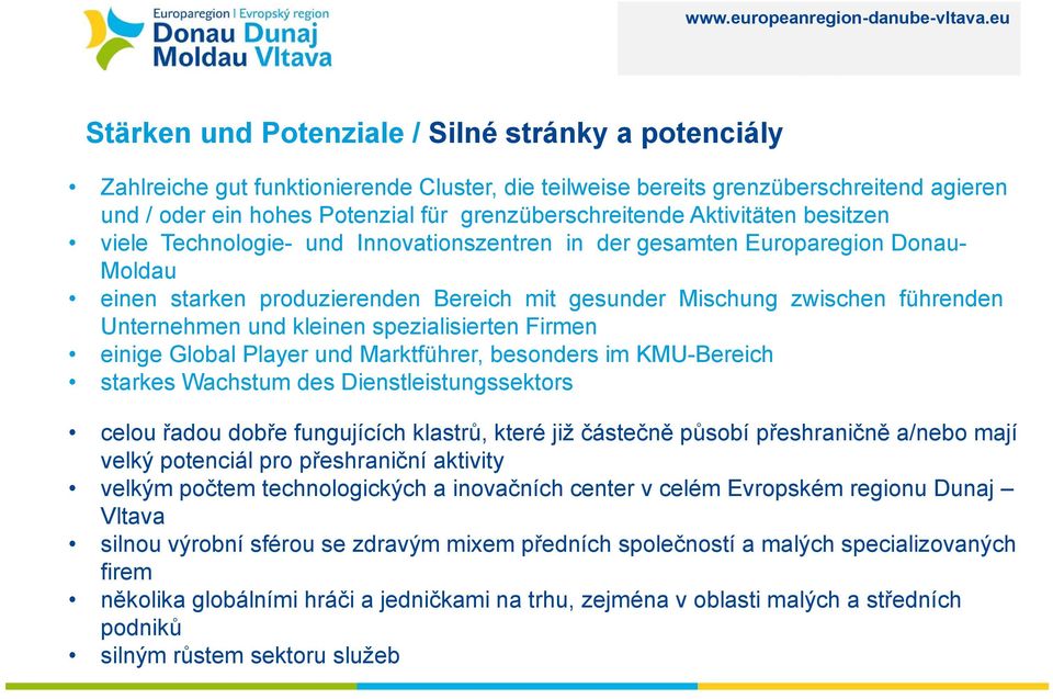kleinen spezialisierten Firmen einige Global Player und Marktführer, besonders im KMU-Bereich starkes Wachstum des Dienstleistungssektors celou řadou dobře fungujících klastrů, které již částečně