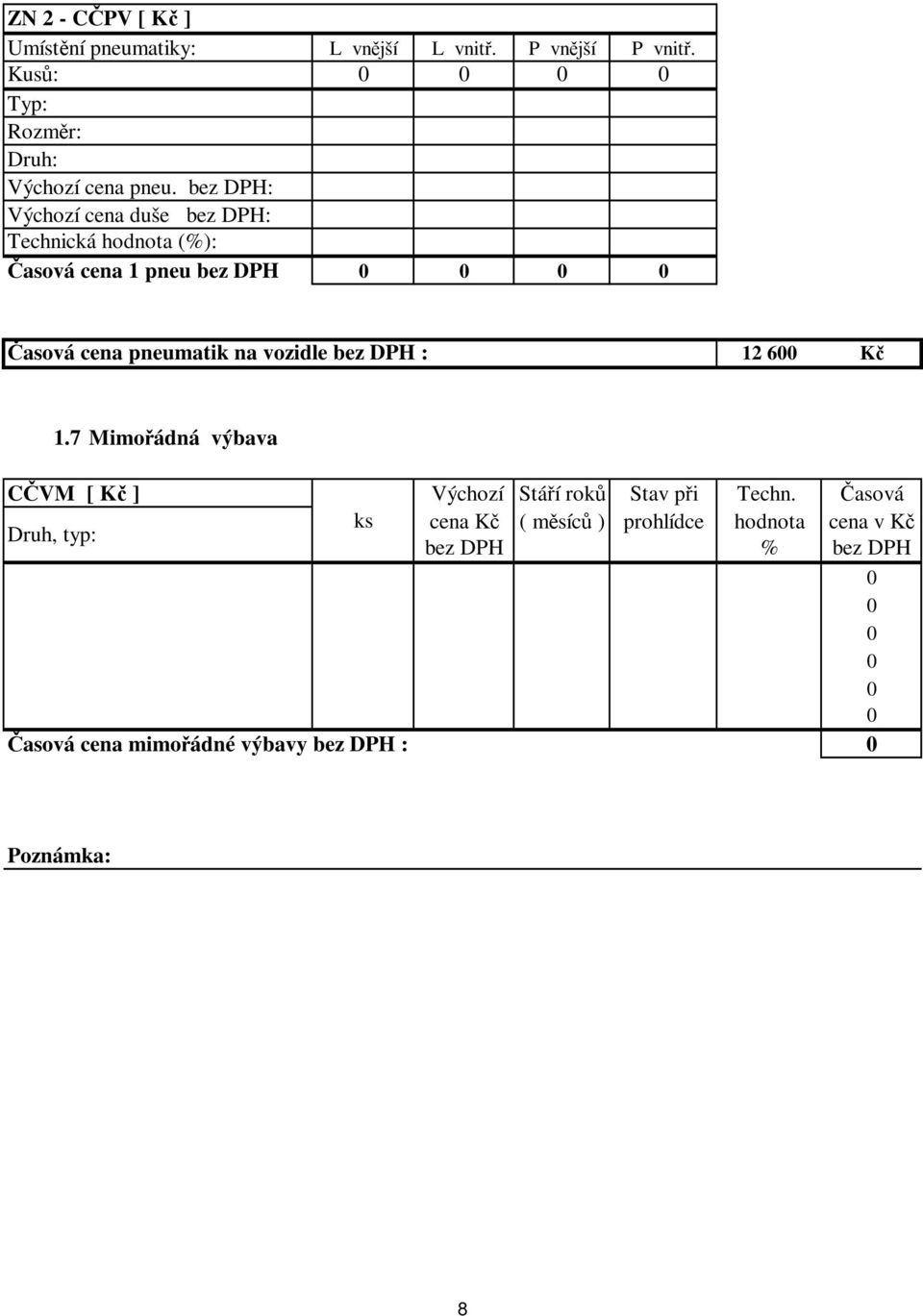 bez DPH: Výchozí cena duše bez DPH: Technická hodnota (%): Časová cena 1 pneu bez DPH Časová cena pneumatik na