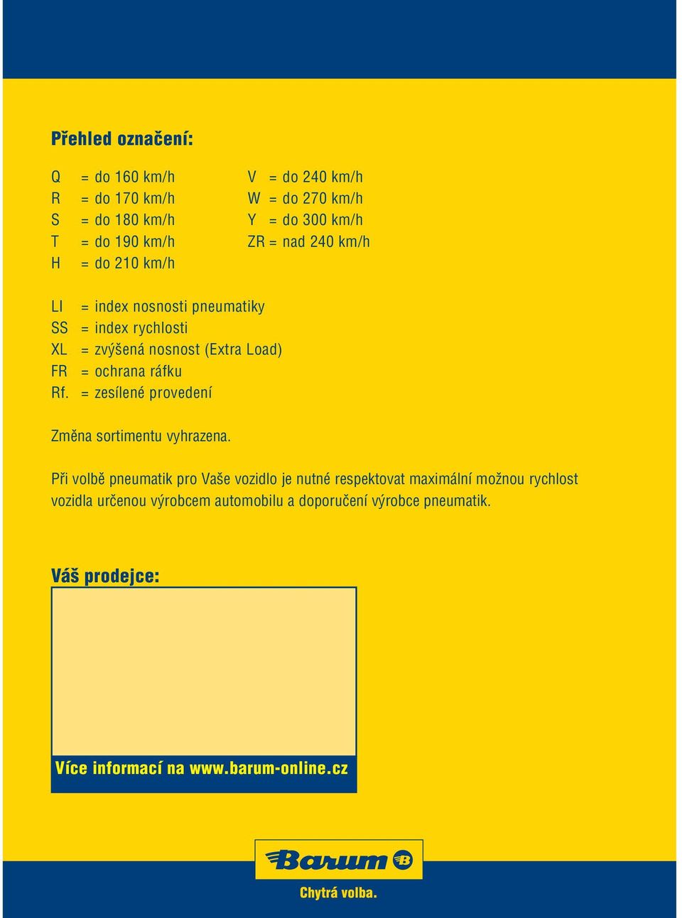 = index nosnosti pneumatiky = index rychlosti = zvýšená nosnost (Extra Load) = ochrana ráfku = zesílené provedení Změna sortimentu