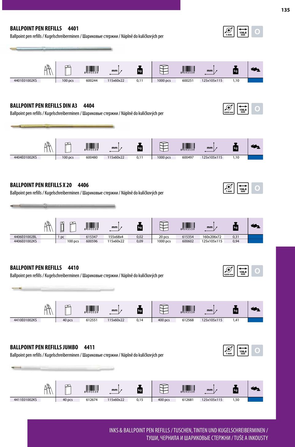 pcs 615354 160x206x72 0,31 4406E01002KS 100 pcs 600596 115x60x22 0,09 1000 pcs 600602 125x105x115 0,94 BALLPOINT PEN REFILLS 4410 4410E01002KS 40 pcs