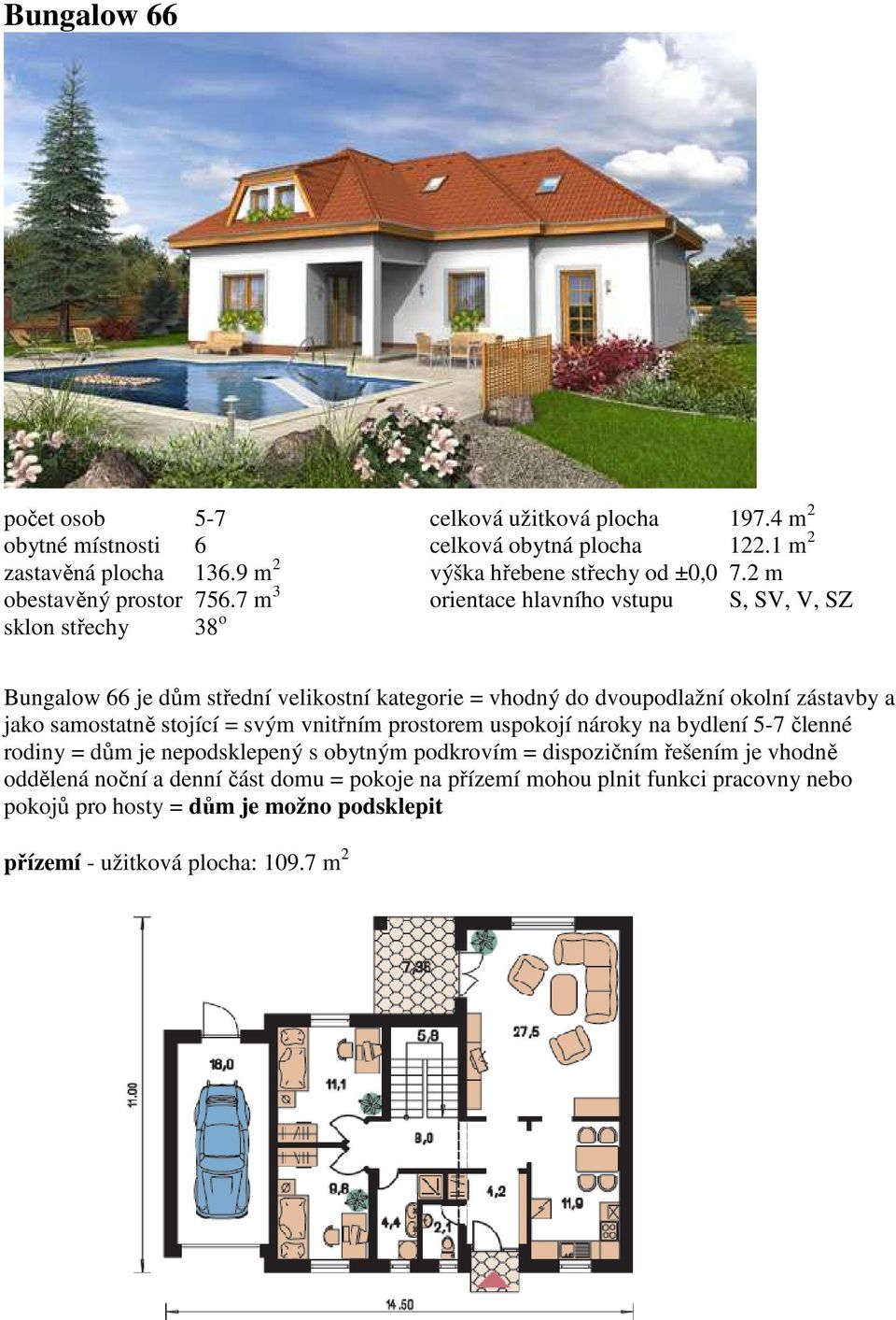 2 m orientace hlavního vstupu S, SV, V, SZ Bungalow 66 je dům střední velikostní kategorie = vhodný do dvoupodlažní okolní zástavby a jako samostatně stojící = svým