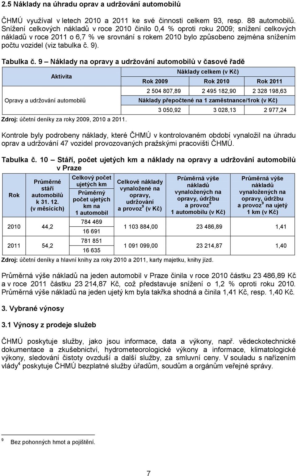 č. 9). Tabulka č. 9 Náklady na opravy a udržování automobilů v časové řadě Aktivita Opravy a udržování automobilů Zdroj: účetní deníky za roky 2009, 2010 a 2011.