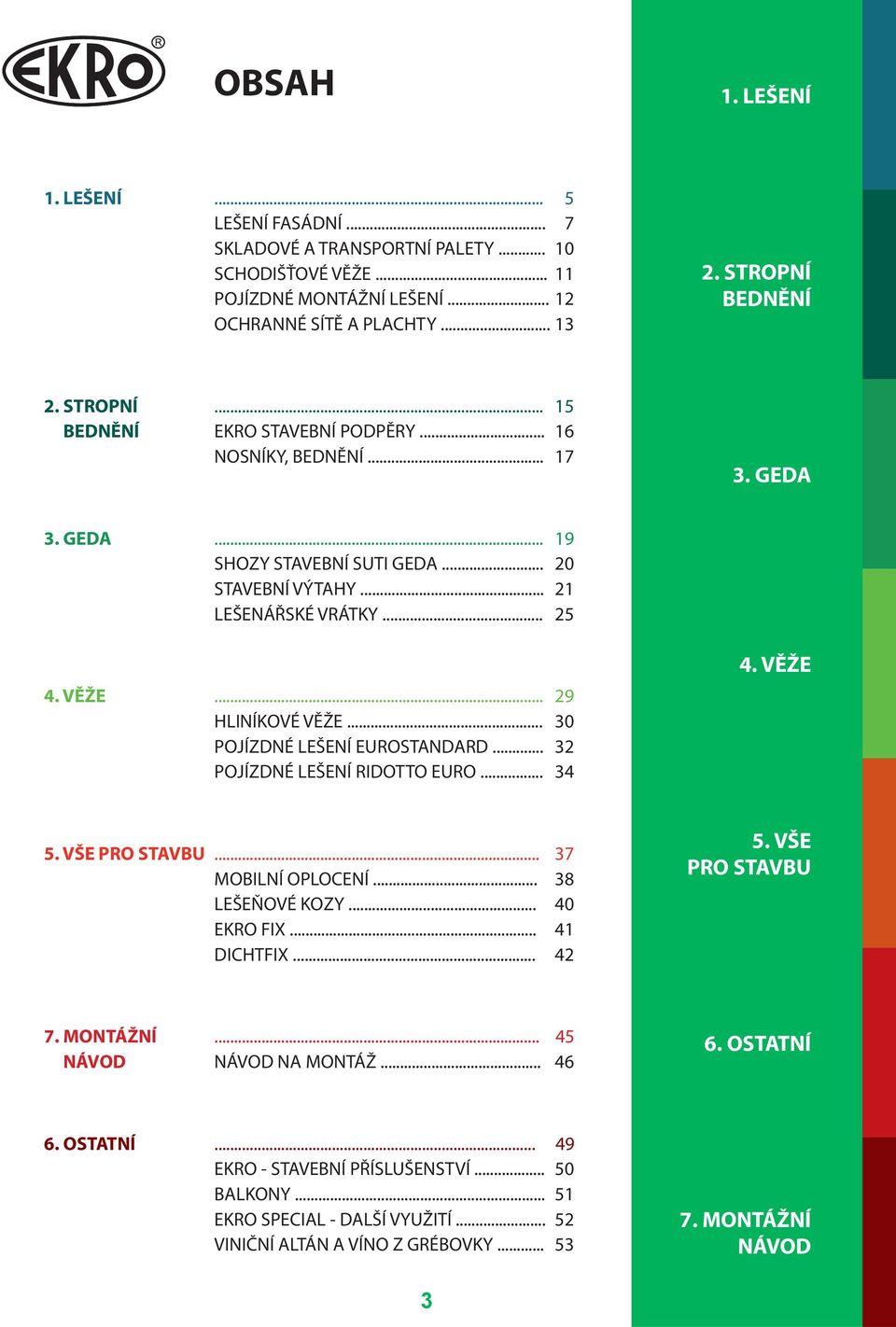 .. 30 POJÍZDNÉ LEŠENÍ EUROSTANDARD... 32 POJÍZDNÉ LEŠENÍ RIDOTTO EURO... 34 4. VĚŽE 5. VŠE PRO STAVBU... 37 MOBILNÍ OPLOCENÍ... 38 LEŠEŇOVÉ KOZY... 40 EKRO FIX... 41 DICHTFIX... 42 5.