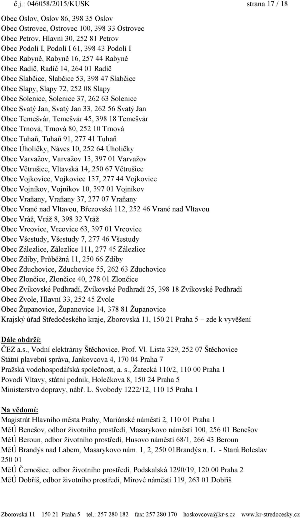 Obec Svatý Jan, Svatý Jan 33, 262 56 Svatý Jan Obec Temešvár, Temešvár 45, 398 18 Temešvár Obec Trnová, Trnová 80, 252 10 Trnová Obec Tuhaň, Tuhaň 91, 277 41 Tuhaň Obec Úholičky, Náves 10, 252 64