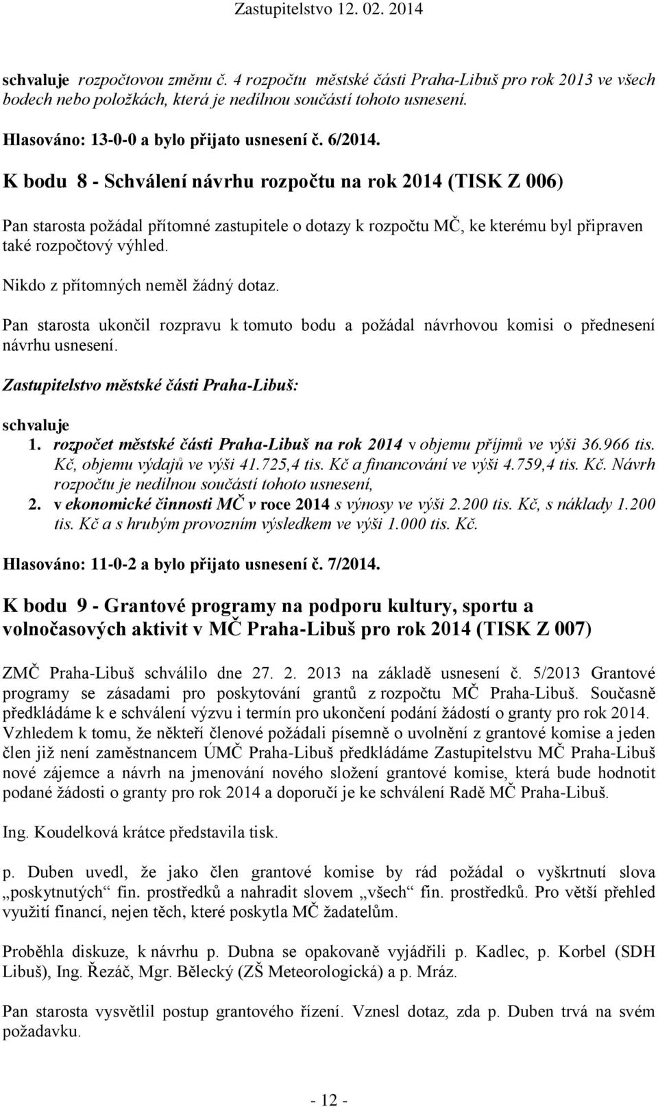 K bodu 8 - Schválení návrhu rozpočtu na rok 2014 (TISK Z 006) Pan starosta požádal přítomné zastupitele o dotazy k rozpočtu MČ, ke kterému byl připraven také rozpočtový výhled.