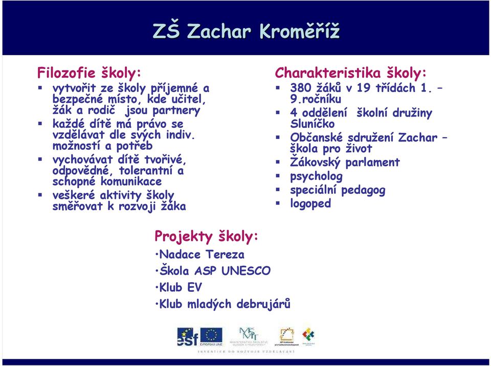 možností a potřeb vychovávat dítě tvořivé, odpovědné, tolerantní a schopné komunikace veškeré aktivity školy směřovat k rozvoji žáka