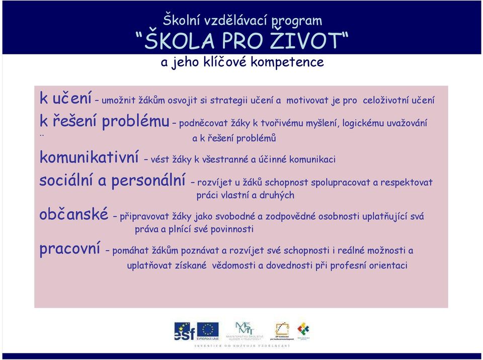 rozvíjet u žáků schopnost spolupracovat a respektovat práci vlastní a druhých občanské připravovat žáky jako svobodné a zodpovědné osobnosti uplatňující svá práva a