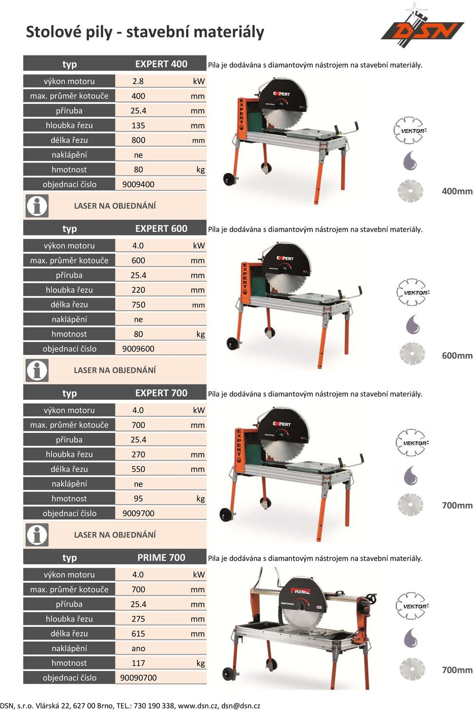 600 mm hloubka řezu 220 mm délka řezu 750 mm hmotnost 80 kg objednací číslo 9009600 EXPERT 700 průměr kotouče 700