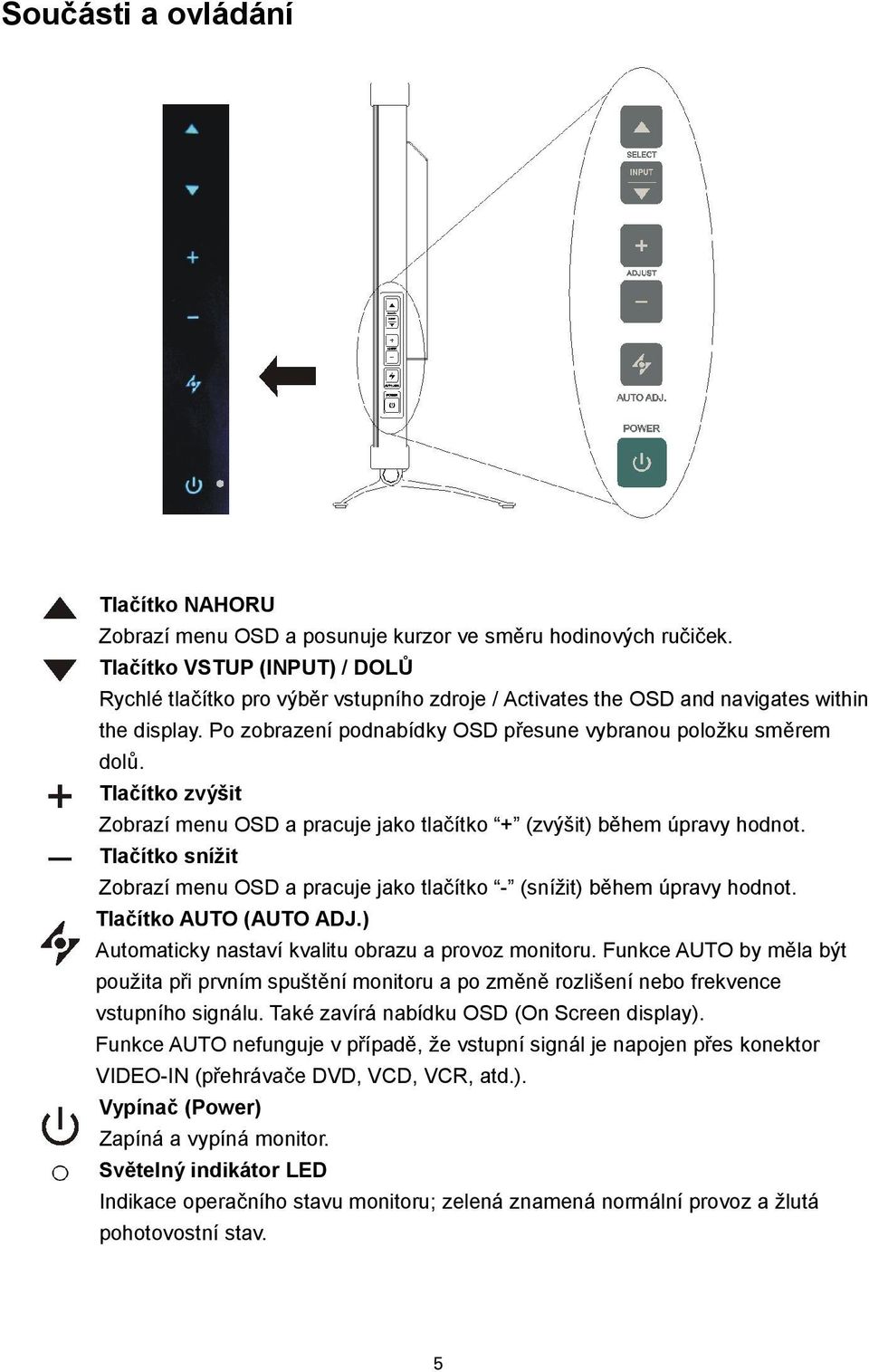 Tlačítko zvýšit Zobrazí menu OSD a pracuje jako tlačítko + (zvýšit) během úpravy hodnot. Tlačítko snížit Zobrazí menu OSD a pracuje jako tlačítko - (snížit) během úpravy hodnot.