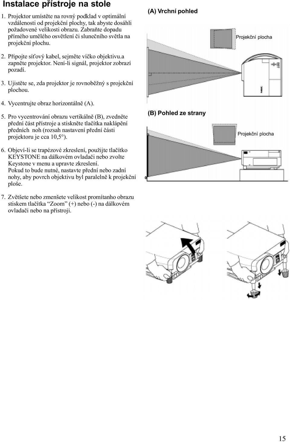 Ujistìte se, zda projektor je rovnobìžný s projekèní plochou. 4. Vycentrujte obraz horizontálnì (A). 5.