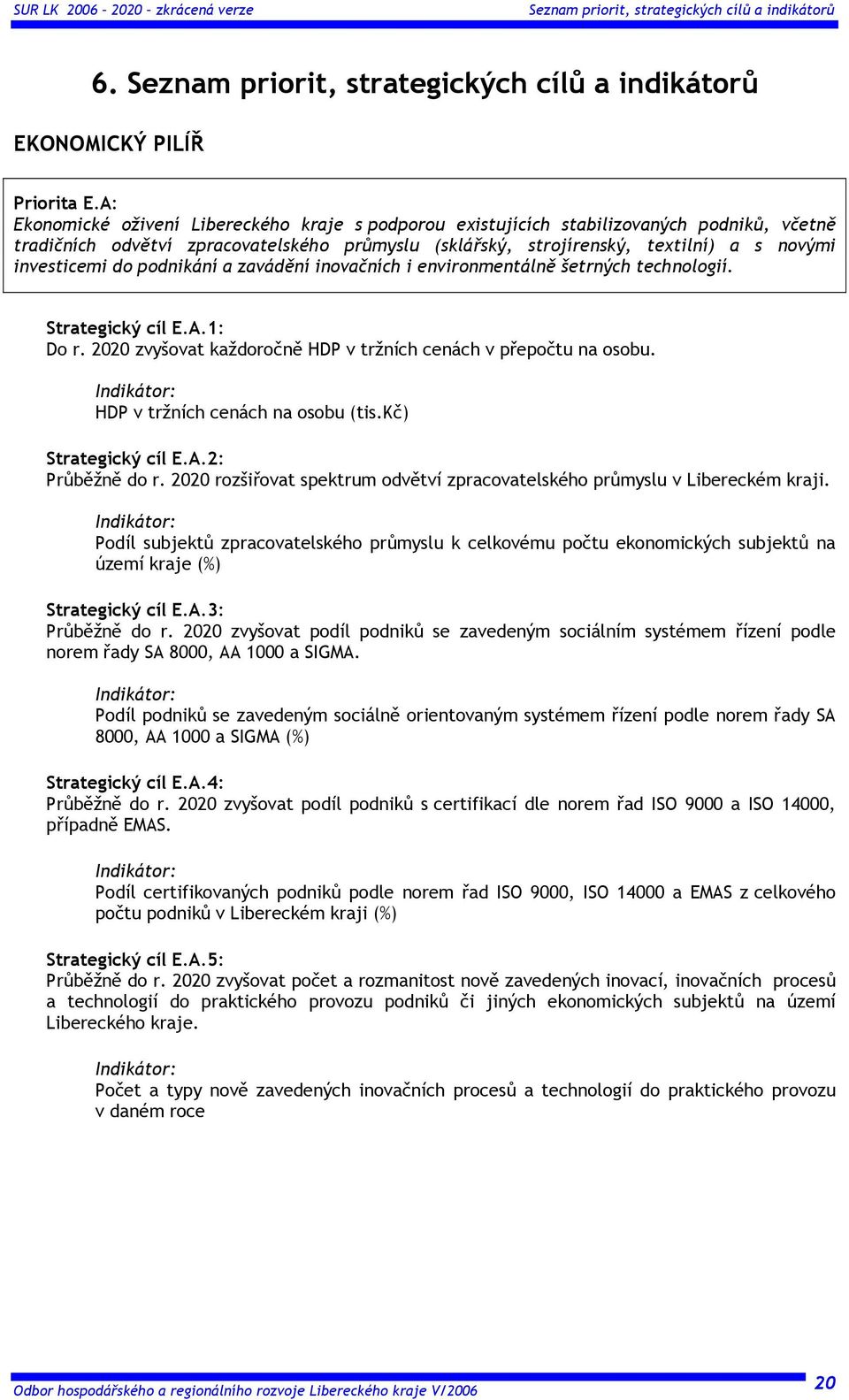 do podnikání a zavádění inovačních i environmentálně šetrných technologií. Strategický cíl E.A.1: Do r. 2020 zvyšovat každoročně HDP v tržních cenách v přepočtu na osobu.