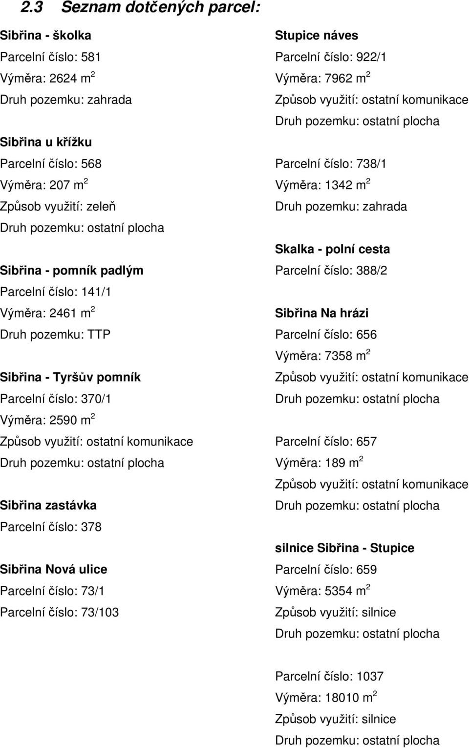 pozemku: ostatní plocha Sibřina zastávka Parcelní číslo: 378 Sibřina Nová ulice Parcelní číslo: 73/1 Parcelní číslo: 73/103 Stupice náves Parcelní číslo: 922/1 Výměra: 7962 m 2 Způsob využití: