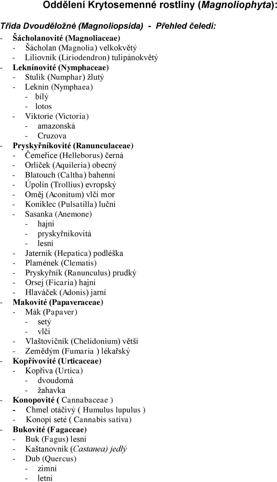 (Helleborus) černá - Orlíček (Aquileria) obecný - Blatouch (Caltha) bahenní - Úpolín (Trollius) evropský - Oměj (Aconitum) vlčí mor - Koniklec (Pulsatilla) luční - Sasanka (Anemone) - hajní -