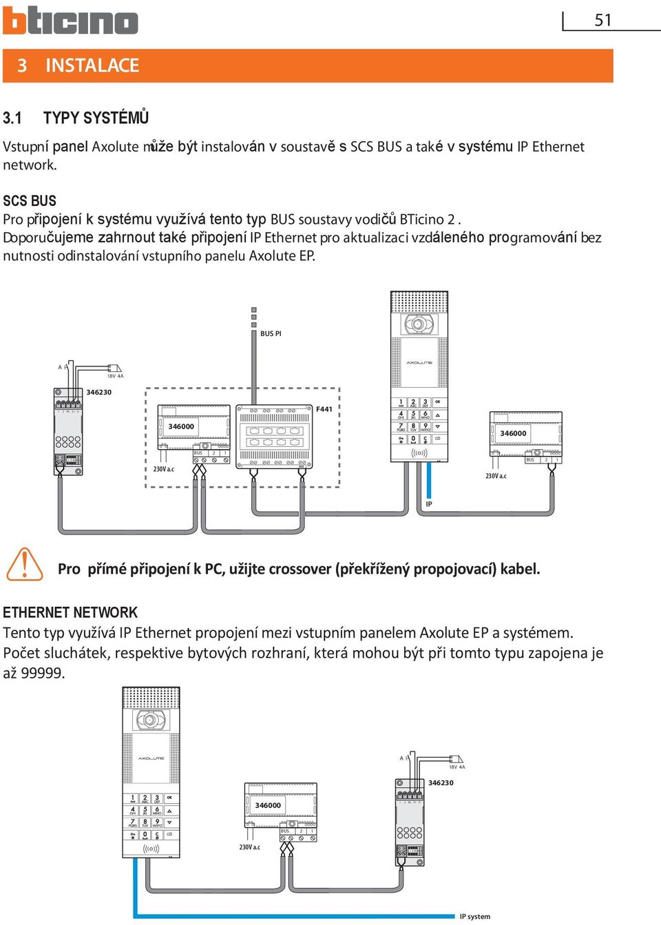 Doporučujeme zahrnout také připojení IP Ethernet pro aktualizaci vzdáleného programování bez nutnosti odinstalování vstupního panelu Axolute EP.