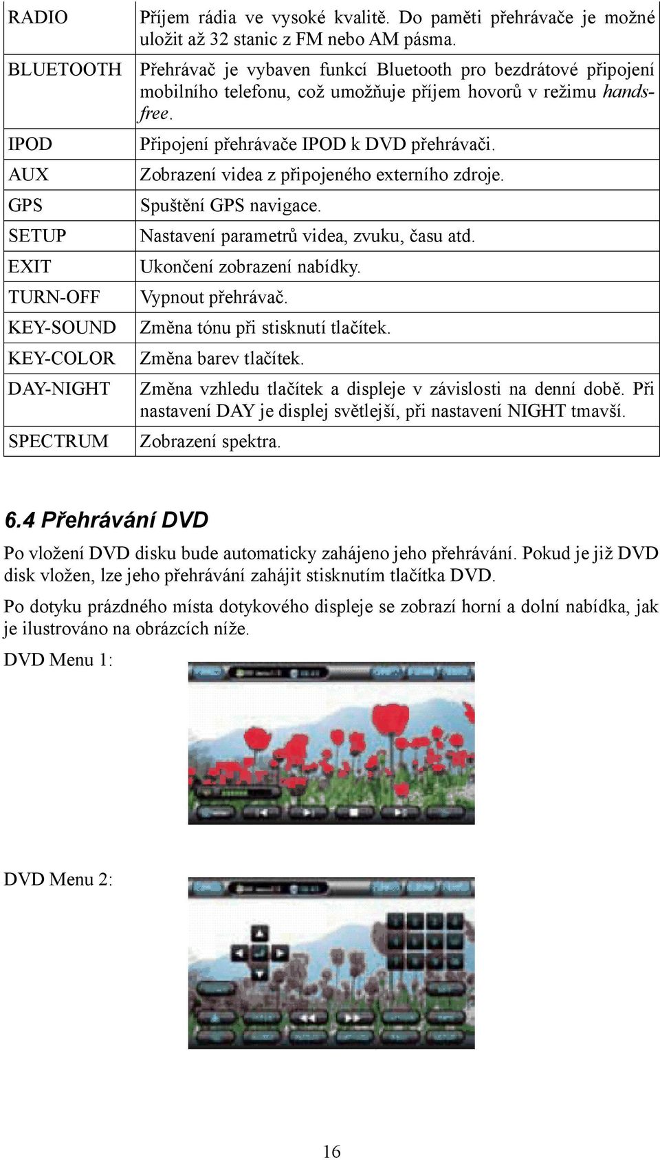 AUX Zobrazení videa z připojeného externího zdroje. GPS Spuštění GPS navigace. SETUP Nastavení parametrů videa, zvuku, času atd. EXIT Ukončení zobrazení nabídky. TURN-OFF Vypnout přehrávač.