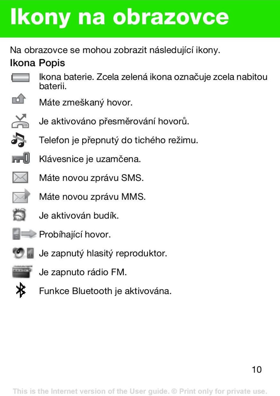 Telefon je přepnutý do tichého režimu. Klávesnice je uzamčena. Máte novou zprávu SMS. Máte novou zprávu MMS.