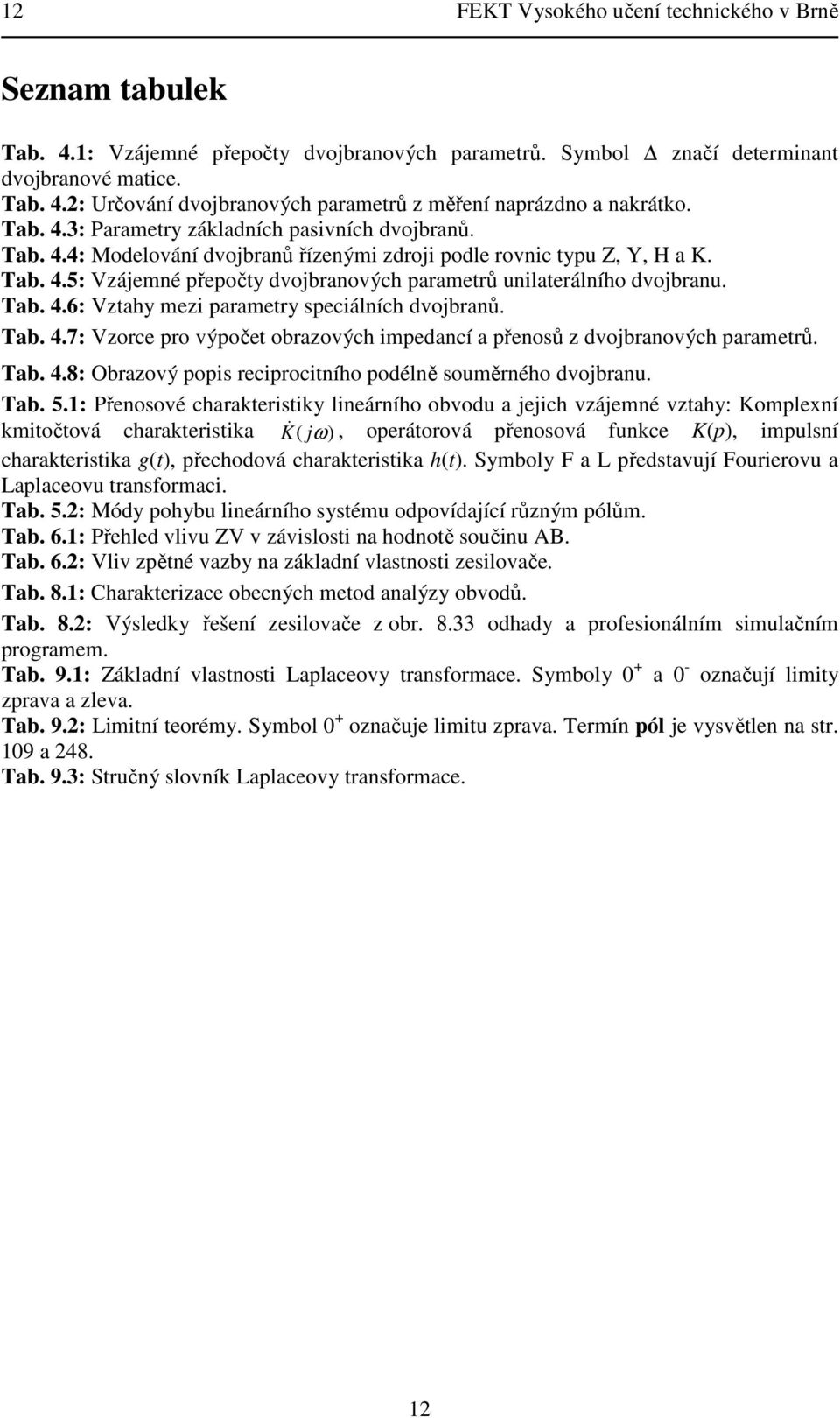 Tab. 4.6: Vztahy mezi arametry seciálních dvojbranů. Tab. 4.7: Vzorce ro výočet obrazových imedancí a řenosů z dvojbranových arametrů. Tab. 4.8: Obrazový ois recirocitního odélně souměrného dvojbranu.