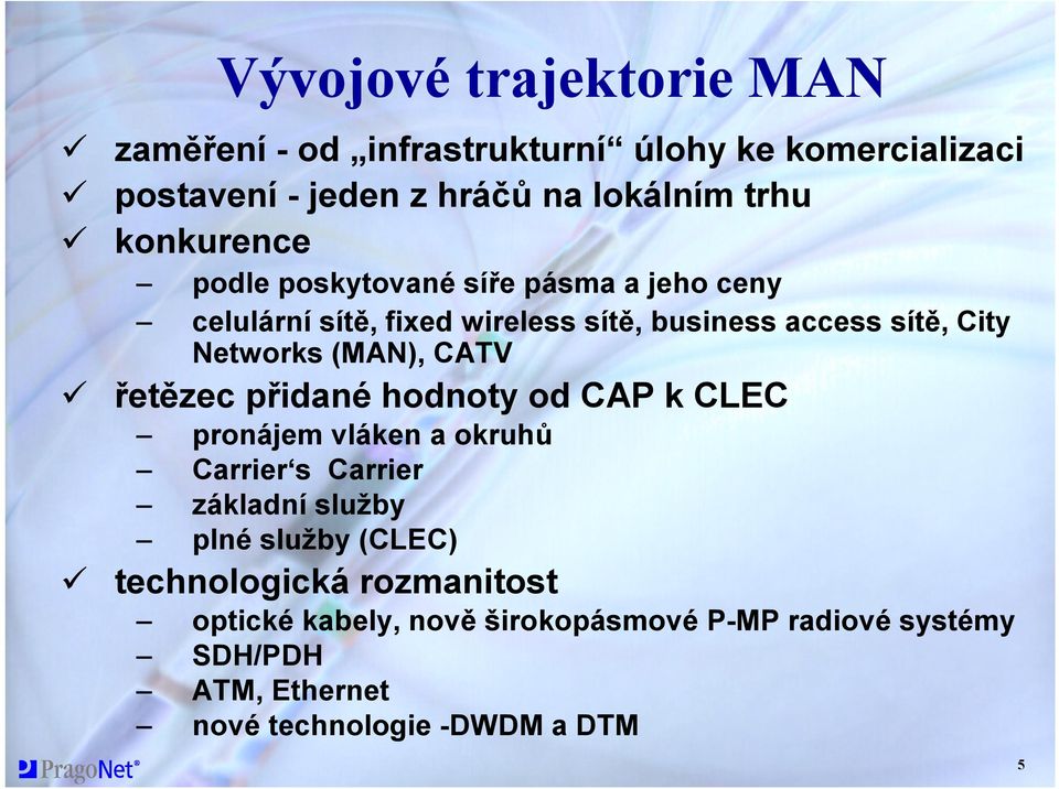 (MAN), CATV řetězec přidané hodnoty od CAP k CLEC pronájem vláken a okruhů Carrier s Carrier základní služby plné služby (CLEC)