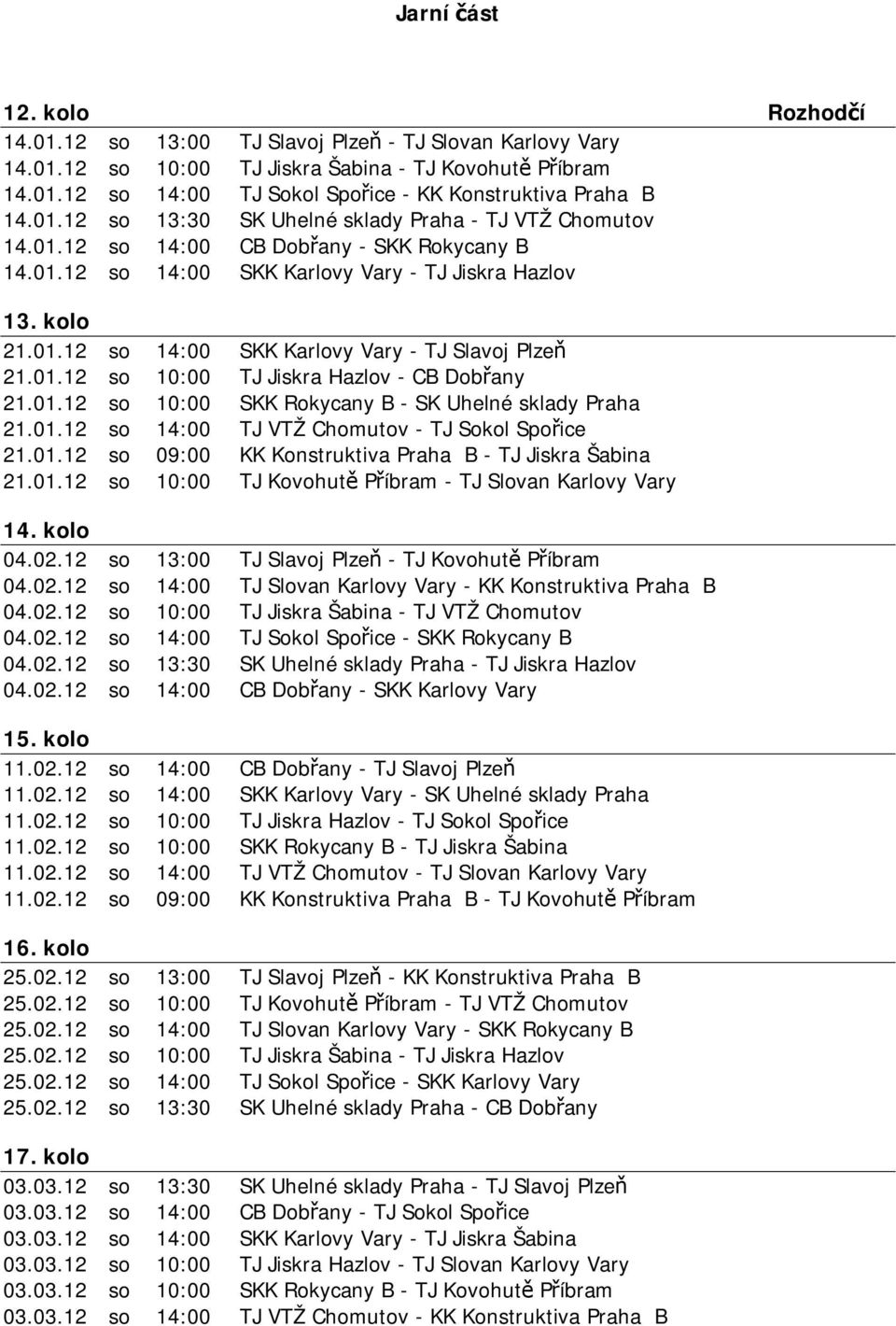 01.12 so 10:00 TJ Jiskra Hazlov - CB Dobřany 21.01.12 so 10:00 SKK Rokycany B - SK Uhelné sklady Praha 21.01.12 so 14:00 TJ VTŽ Chomutov - TJ Sokol Spořice 21.01.12 so 09:00 KK Konstruktiva Praha B - TJ Jiskra Šabina 21.