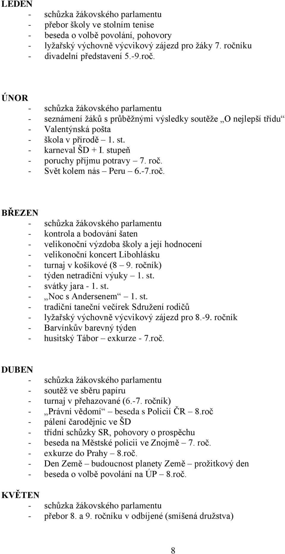 stupeň - poruchy příjmu potravy 7. roč. - Svět kolem nás Peru 6.-7.roč. BŘEZEN - kontrola a bodování šaten - velikonoční výzdoba školy a její hodnocení - velikonoční koncert Libohlásku - turnaj v košíkové (8 9.