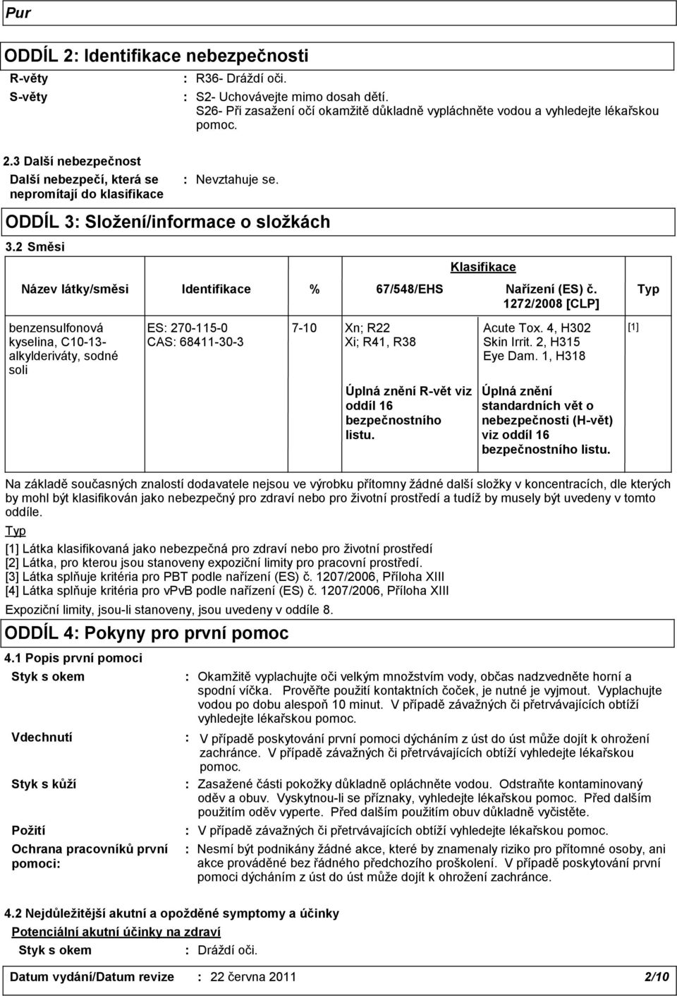 1272/2008 [CLP] Typ benzensulfonová kyselina, C10-13- alkylderiváty, sodné soli ES: 270-115-0 CAS: 68411-30-3 7-10 Xn; R22 Xi; R41, R38 Acute Tox. 4, H302 Skin Irrit. 2, H315 Eye Dam.