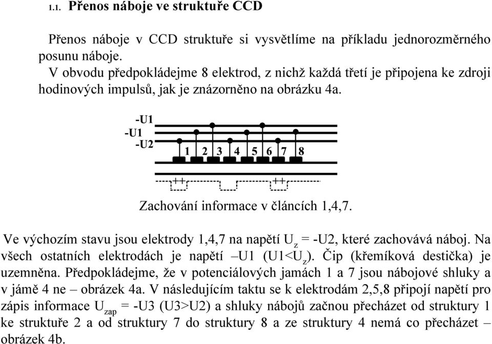 Ve výchozím stavu jsou elektrody 1,4,7 na napětí U z = -U2, které zachovává náboj. Na všech ostatních elektrodách je napětí U1 (U1<U z ). Čip (křemíková destička) je uzemněna.