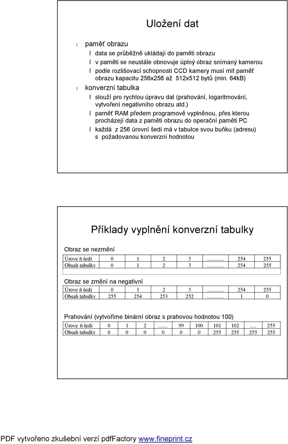 ) paměť RAM předem programově vyplněnou, přes kterou procházejí data z paměti obrazu do operační paměti PC každá z 256 úrovní šedi má v tabulce svou buňku (adresu) s požadovanou konverzní hodnotou