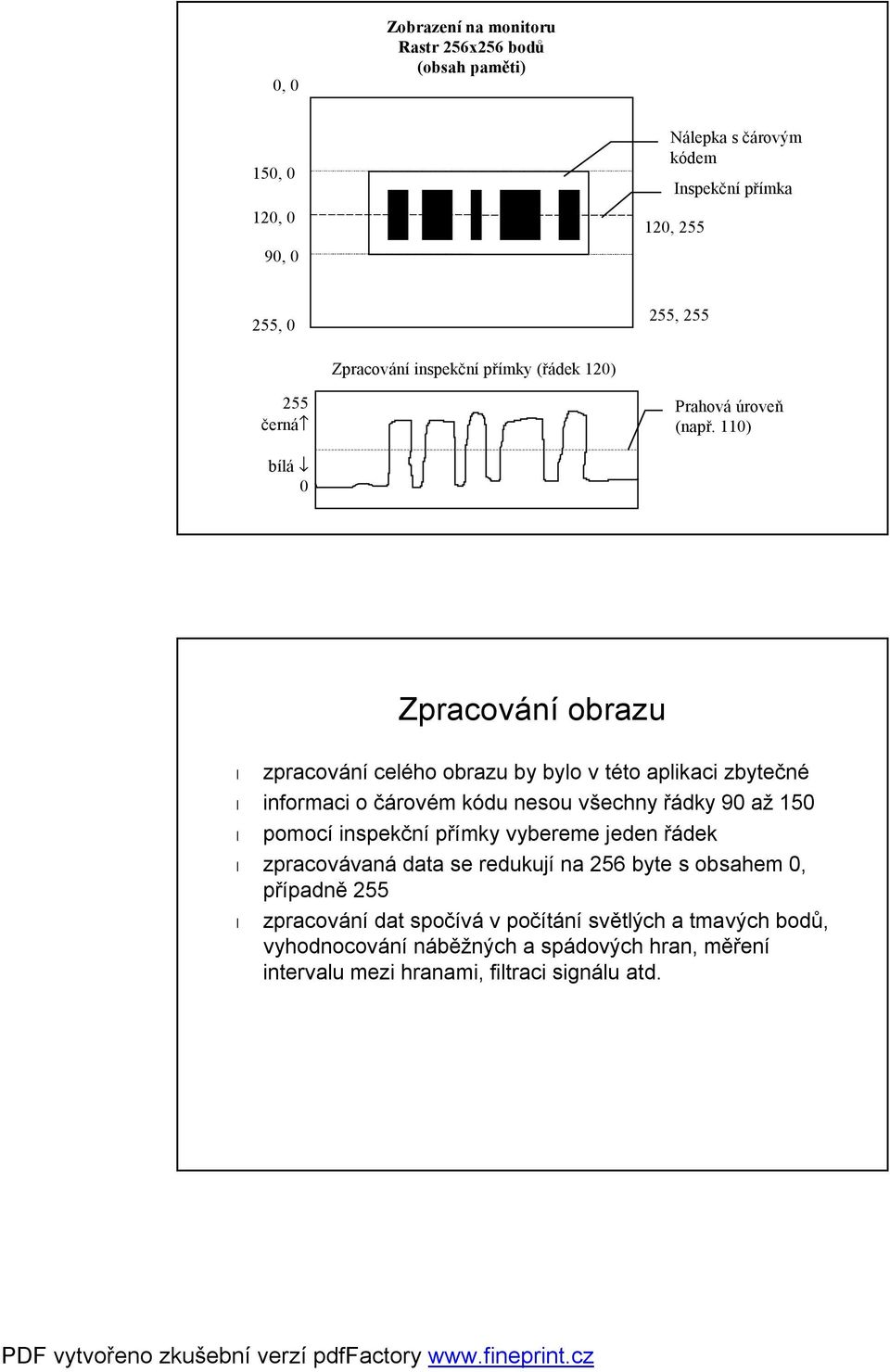 110) bílá 0 Zpracování obrazu zpracování celého obrazu by bylo v této aplikaci zbytečné informaci o čárovém kódu nesou všechny řádky 90 až 150 pomocí