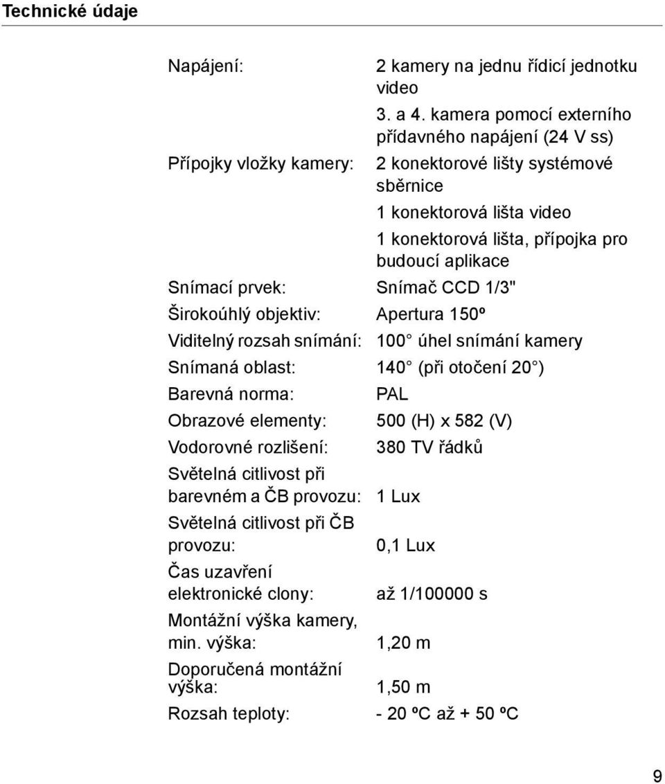 aplikace Snímací prvek: Snímač CCD 1/3" Širokoúhlý objektiv: Apertura 150º Viditelný rozsah snímání: 100 úhel snímání kamery Snímaná oblast: 140 (při otočení 20 ) Barevná norma: PAL Obrazové