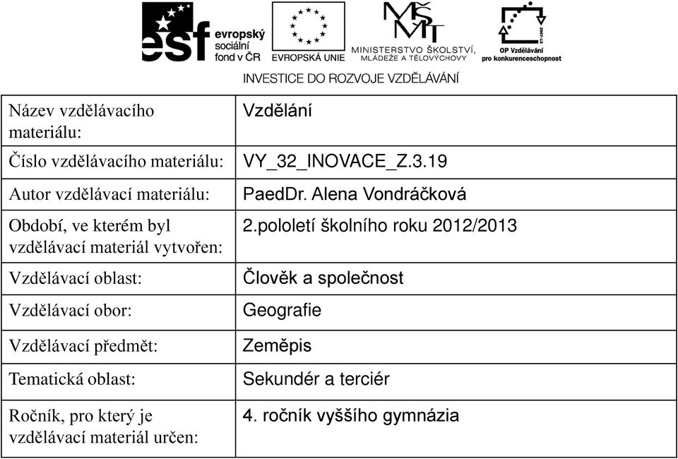 Ročník, pro který je vzdělávací materiál určen: Vzdělání VY_32_INOVACE_Z.3.19 PaedDr. Alena Vondráčková 2.