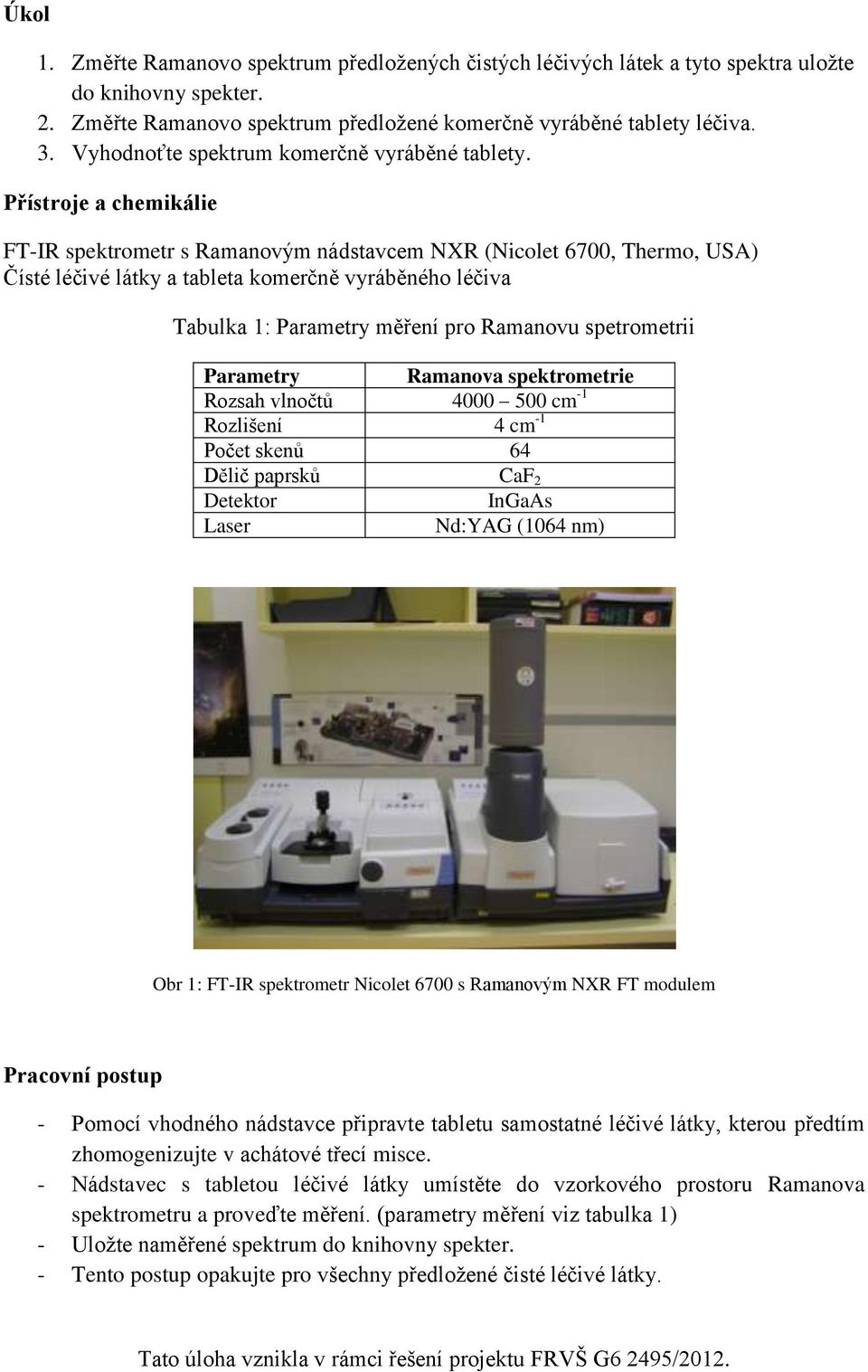 Přístroje a chemikálie FT-IR spektrometr s Ramanovým nádstavcem NXR (Nicolet 6700, Thermo, USA) Čísté léčivé látky a tableta komerčně vyráběného léčiva Tabulka 1: Parametry měření pro Ramanovu