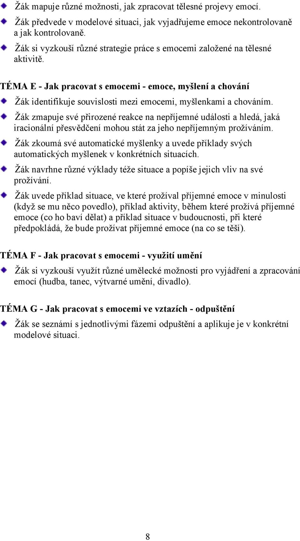 TÉMA E - Jak pracovat s emocemi - emoce, myšlení a chování Žák identifikuje souvislosti mezi emocemi, myšlenkami a chováním.