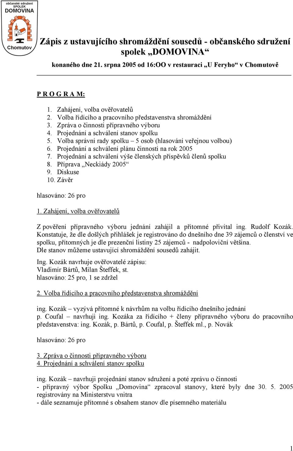 Volba správní rady spolku 5 osob (hlasování veřejnou volbou) 6. Projednání a schválení plánu činnosti na rok 2005 7. Projednání a schválení výše členských příspěvků členů spolku 8.