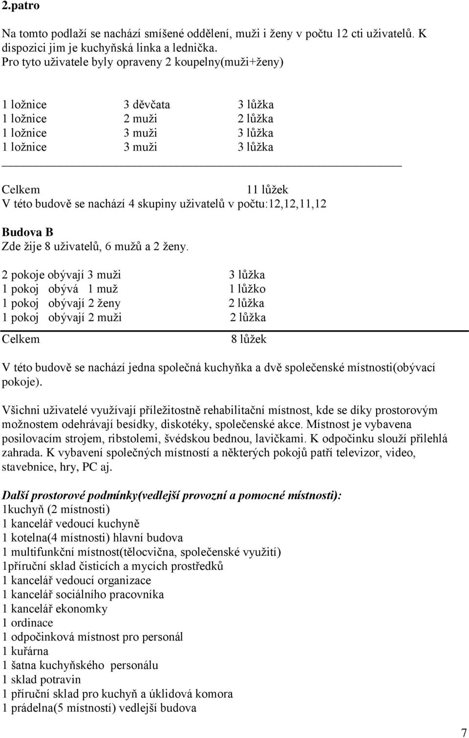 4 skupiny uživatelů v počtu:12,12,11,12 Budova B Zde žije 8 uživatelů, 6 mužů a 2 ženy.