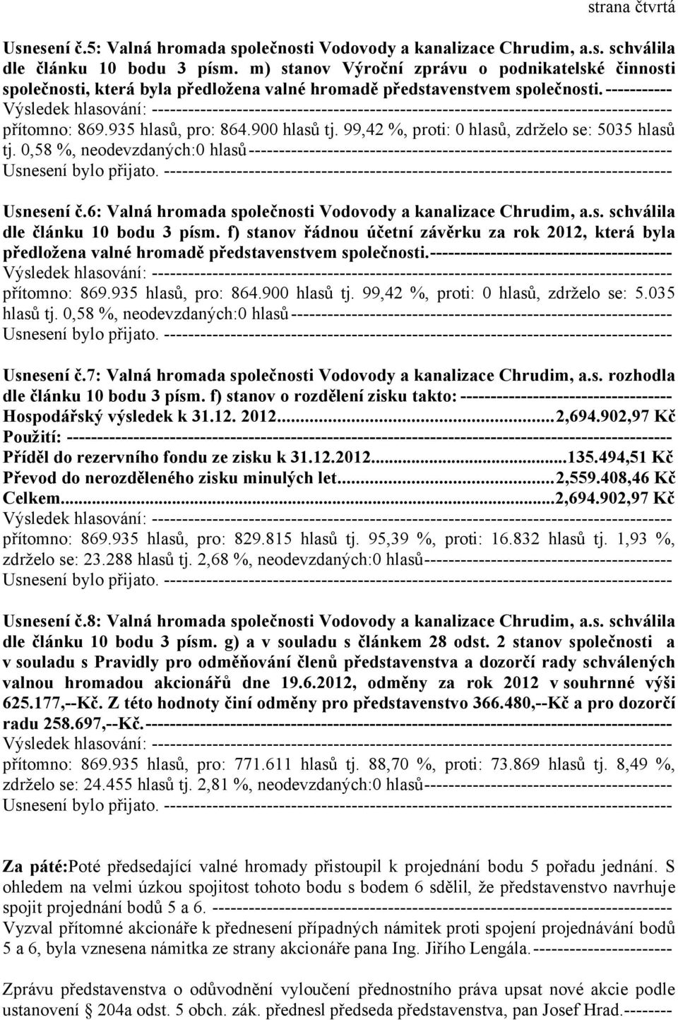 99,42 %, proti: 0 hlasů, zdrželo se: 5035 hlasů tj. 0,58 %, neodevzdaných:0 hlasů---------------------------------------------------------------------- Usnesení č.