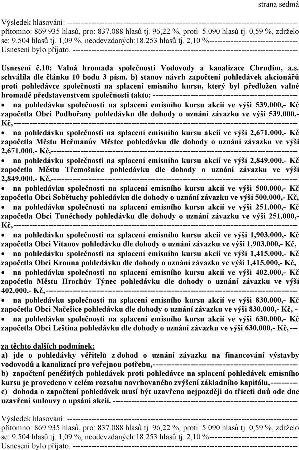 b) stanov návrh započtení pohledávek akcionářů proti pohledávce společnosti na splacení emisního kursu, který byl předložen valné hromadě představenstvem společnosti takto: