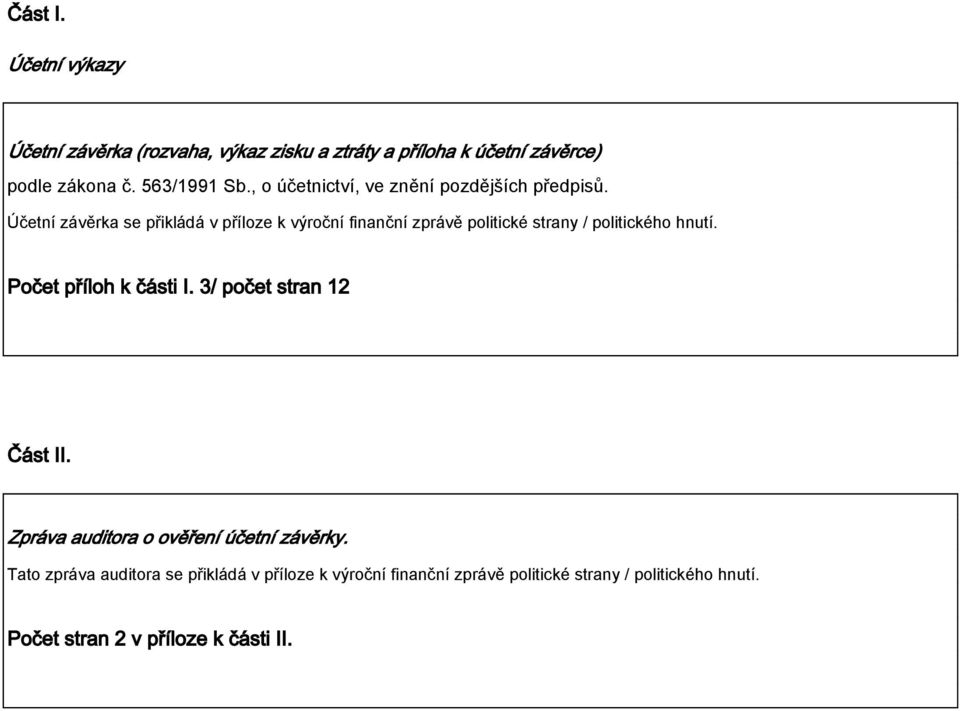 Účetní závěrka se přikládá v příloze k výroční finanční zprávě politické strany / politického hnutí. Počet příloh k části I.