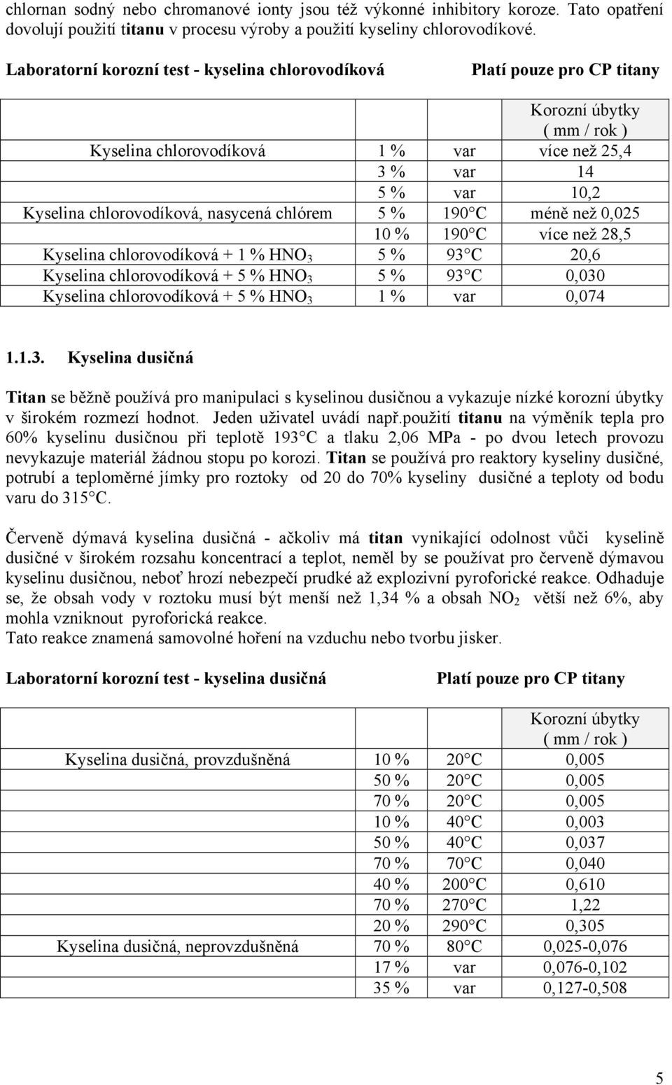 více než 28,5 Kyselina chlorovodíková + 1 % HNO 3 5 % 93 C 20,6 Kyselina chlorovodíková + 5 % HNO 3 5 % 93 C 0,030 Kyselina chlorovodíková + 5 % HNO 3 1 % var 0,074 1.1.3. Kyselina dusičná Titan se běžně používá pro manipulaci s kyselinou dusičnou a vykazuje nízké korozní úbytky v širokém rozmezí hodnot.