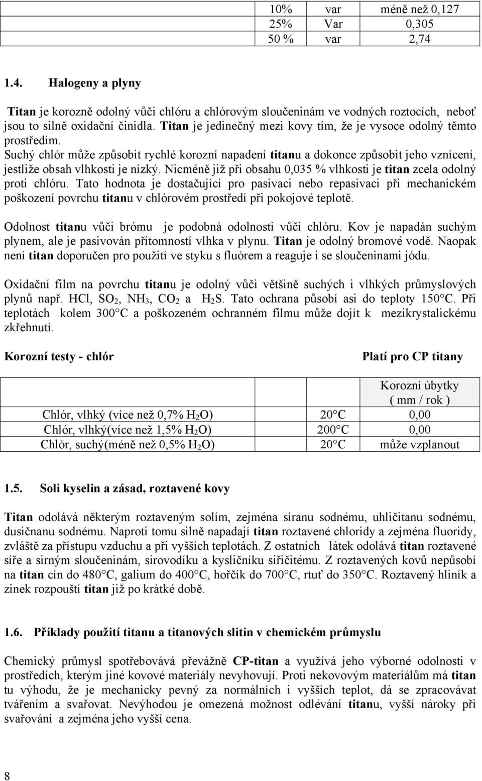 Nicméně již při obsahu 0,035 % vlhkosti je titan zcela odolný proti chlóru.