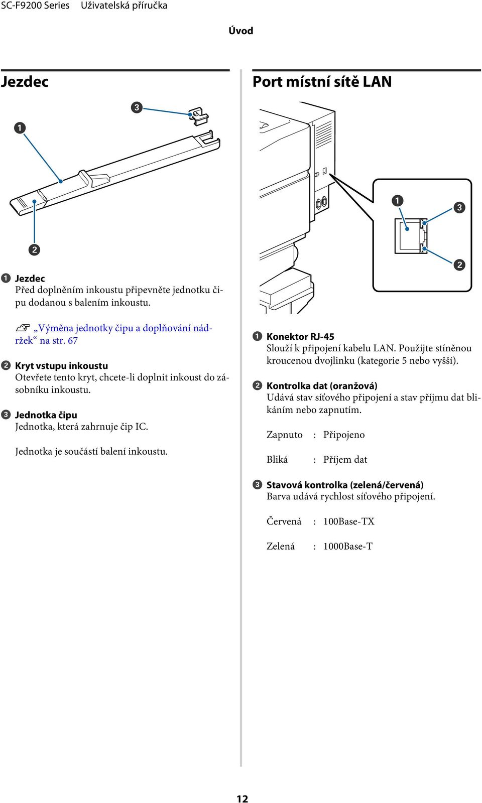 A Konektor RJ-45 Slouží k připojení kabelu LAN. Použijte stíněnou kroucenou dvojlinku (kategorie 5 nebo vyšší).